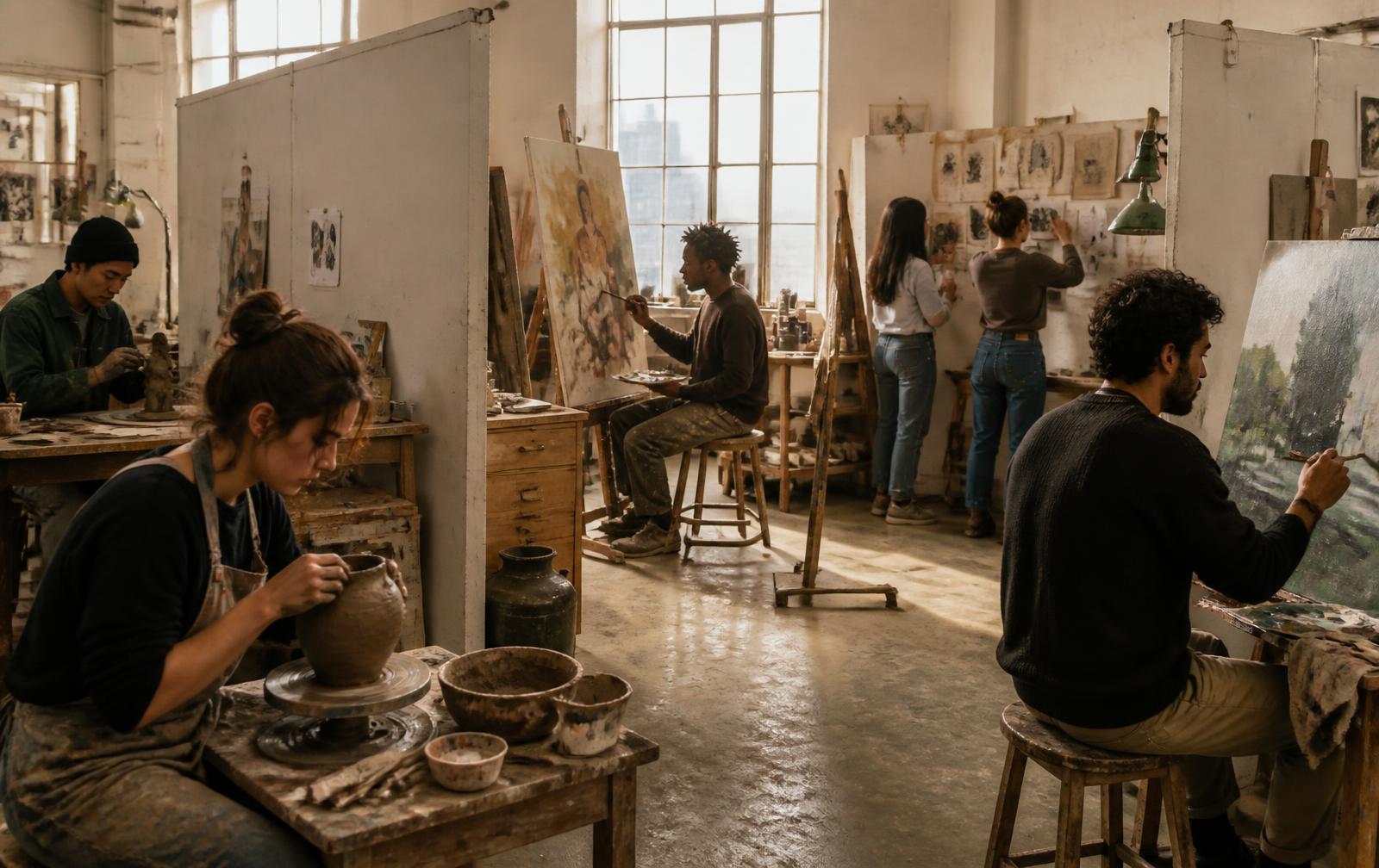 Étudiants d'école d'art dans leurs studios : modelage de la terre, peinture et œuvres visuelles